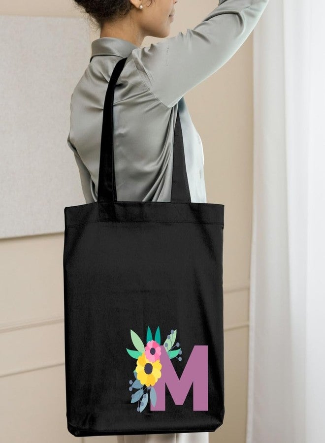 Roundsun Magnetic Button Closure Alphabet Printed Cotton Canvas Vertical Tote Bag | 300 GSM Cloth | No Zipper | No Inner Pocket | Multi-Purpose Bag | Reusable | Eco Friendly Yet Trendy (Alphabet M, Black) - Image 5